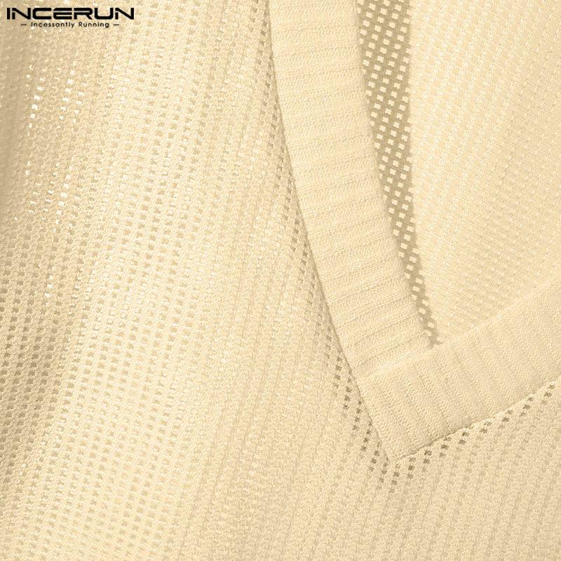 INCERUN Мужские повседневные топы с длинным рукавом и вырезом, прозрачные пуловеры