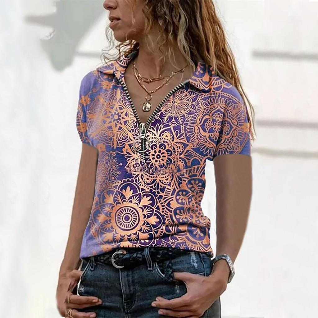 Summer Women's Loose V-neck T-shirt Printed Zipper Short-Sleeved