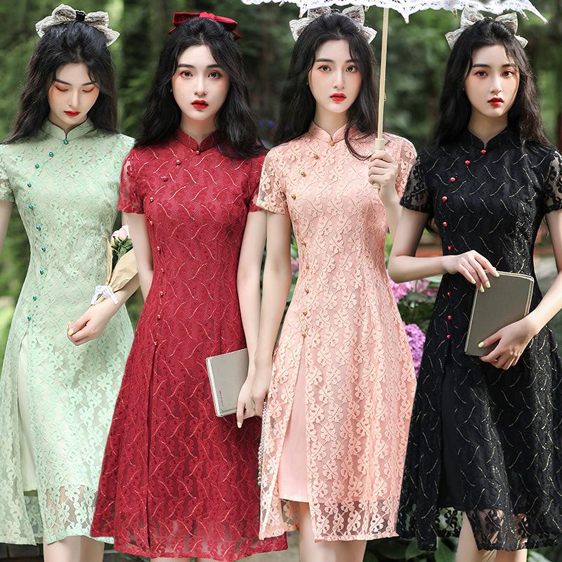 Кружевное повседневное платье Cheongsam средней длины с низким вырезом, облегающее платье больших размеров в китайском стиле Ao Dai