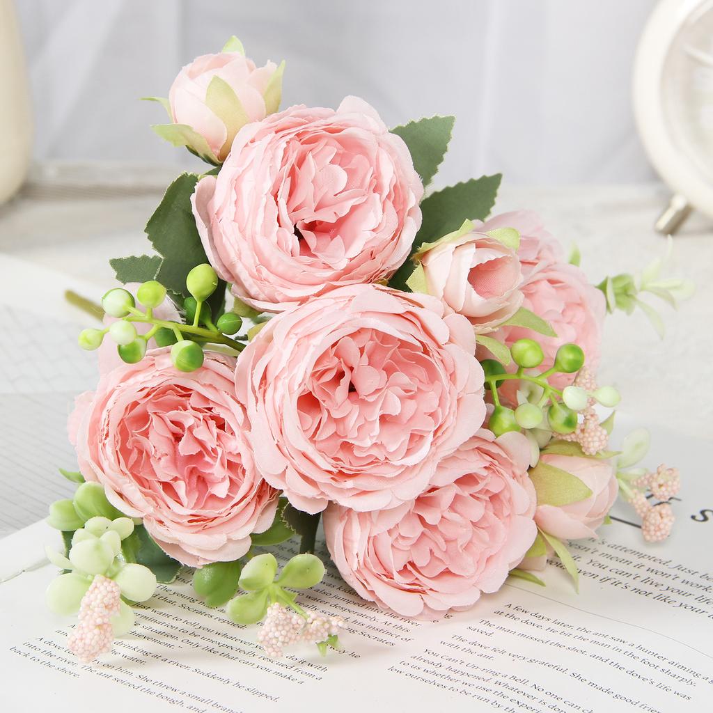 Букет из искусственных розовых пионов с 5 стеблями из шелковых цветов для украшения дома на свадьбу