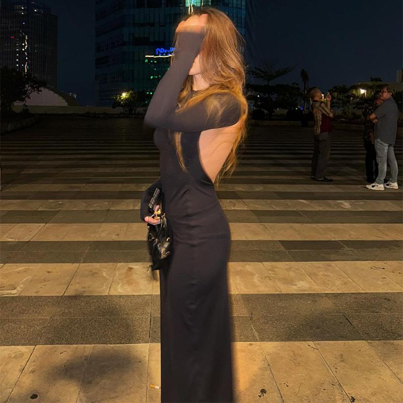 Backless Sexy Black Evening Dress Women's Summer Slim High Waist Long Sleeve Dresses Female Vacation Fashion Elegant Side Slit Bodycon Dress Women