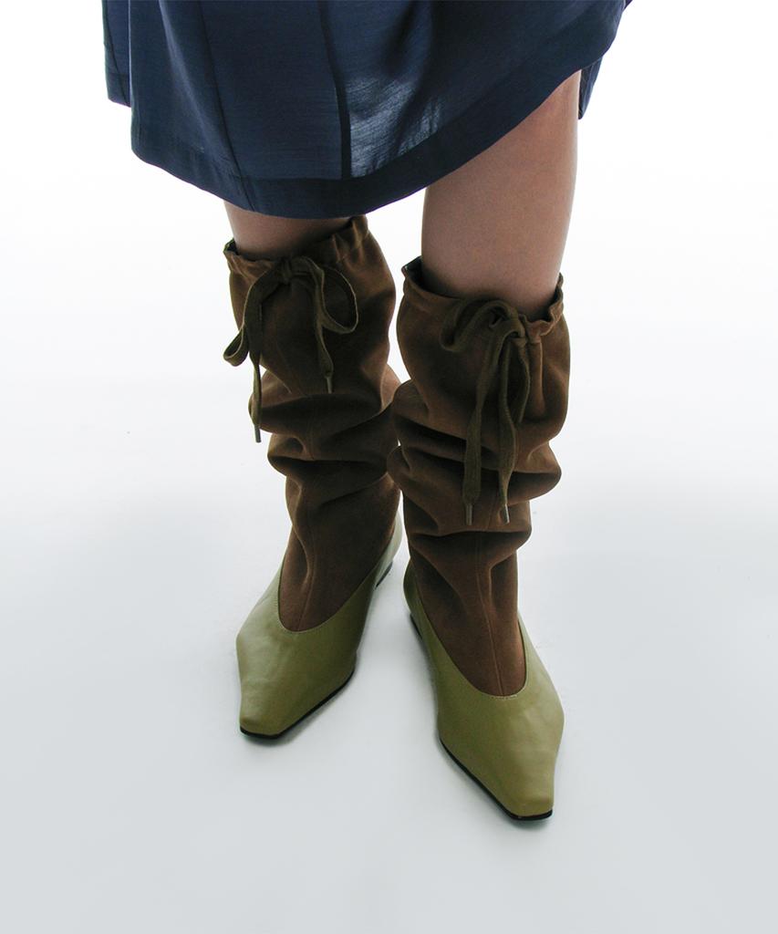 Partimento Women Drawstring Leather Slouch Tall Boots_Olive