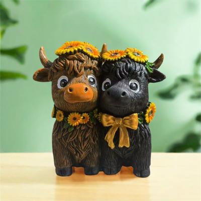 Весенний Подсолнух Фигурки Хайлендской Коровы Смола Ручная Работа Статуэтка Шотландской Коровы Уникальный Забавный Орнамент Гномов Хайлендской Коровы для Подарка