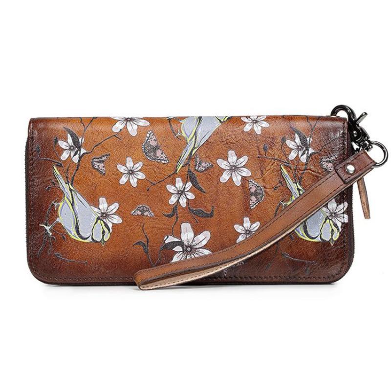 Johnature Retro Hand Painted Womens Wallets And Purses Genuine Leather Phone Purse Wallet Card Holder Hand Wallet