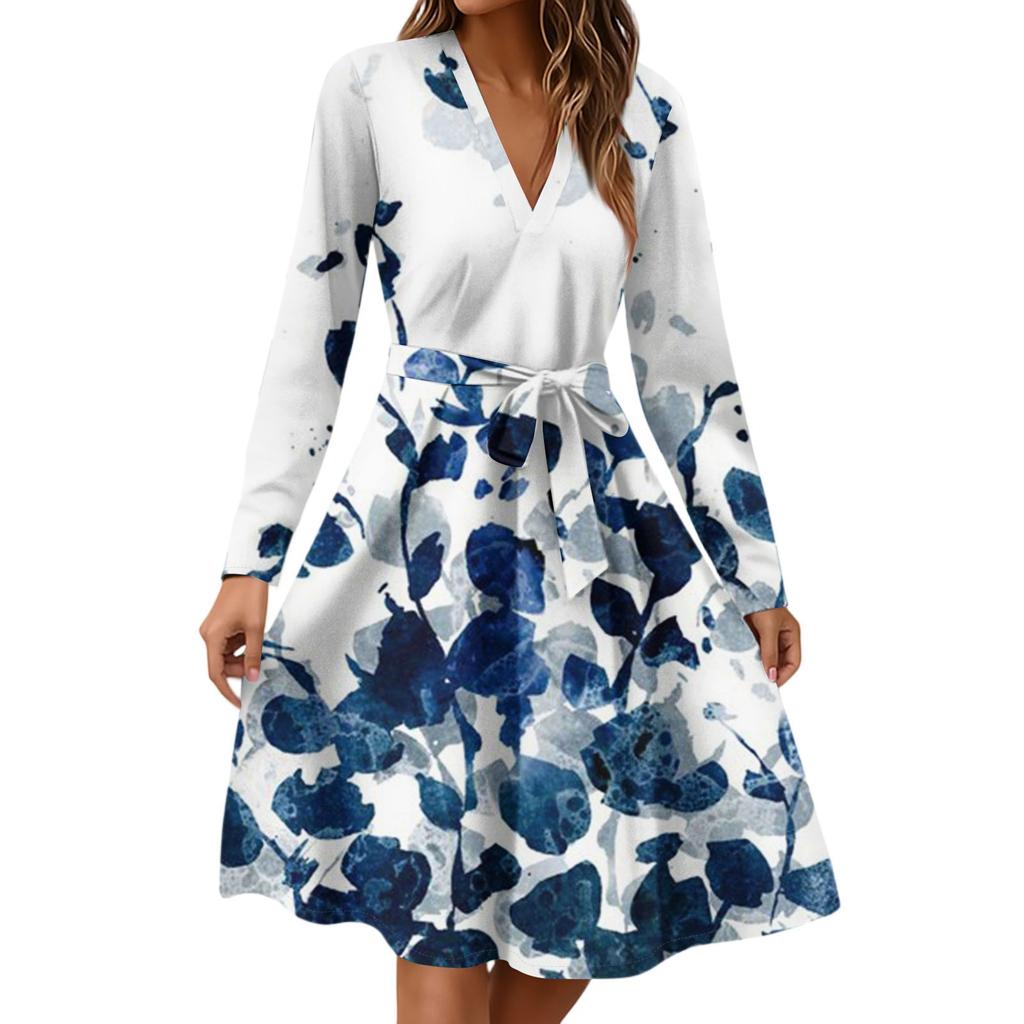 Women's Fashion Casual V-Neck Long Sleeve Waist Floral Print Midi Dress