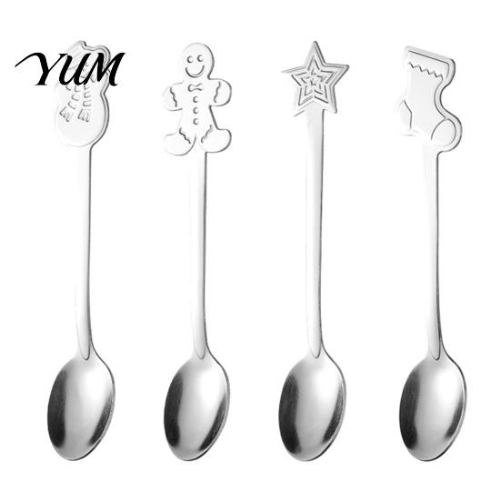 Coffee Bar Accessories 4Pcs Christmas Dessert Spoons, Stainless Steel Spoons with Gingerbread Small for Cakes Yogurt Man Star Stocking Snowman Handle,