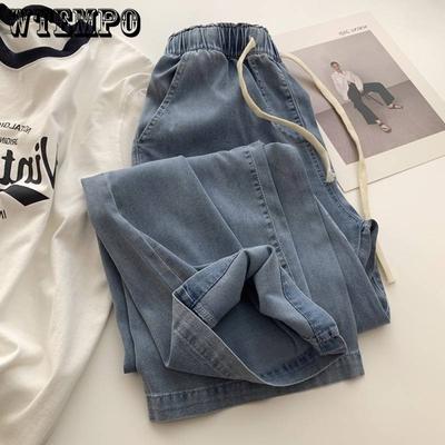 Эластичные летние джинсы с высокой посадкой для женщин весна и лето больших размеров свободные прямые широкие брюки