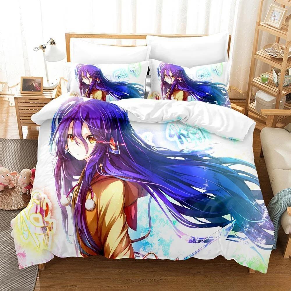 New 3D Printing Kawaii Girls Bedding No Game No Life Bedding Set Cartoon Anime Three-piece Set Adult Kid Bedroom Duvet Cover Set