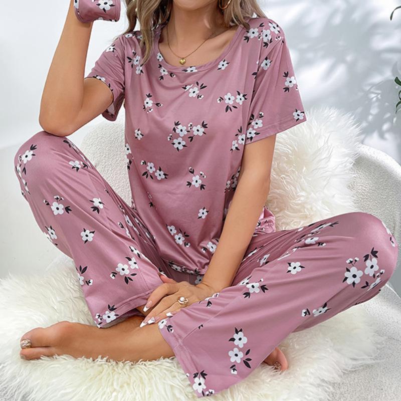 Women's Milk Silk Homewear Round Neck Short Sleeve Long Trousers Suit