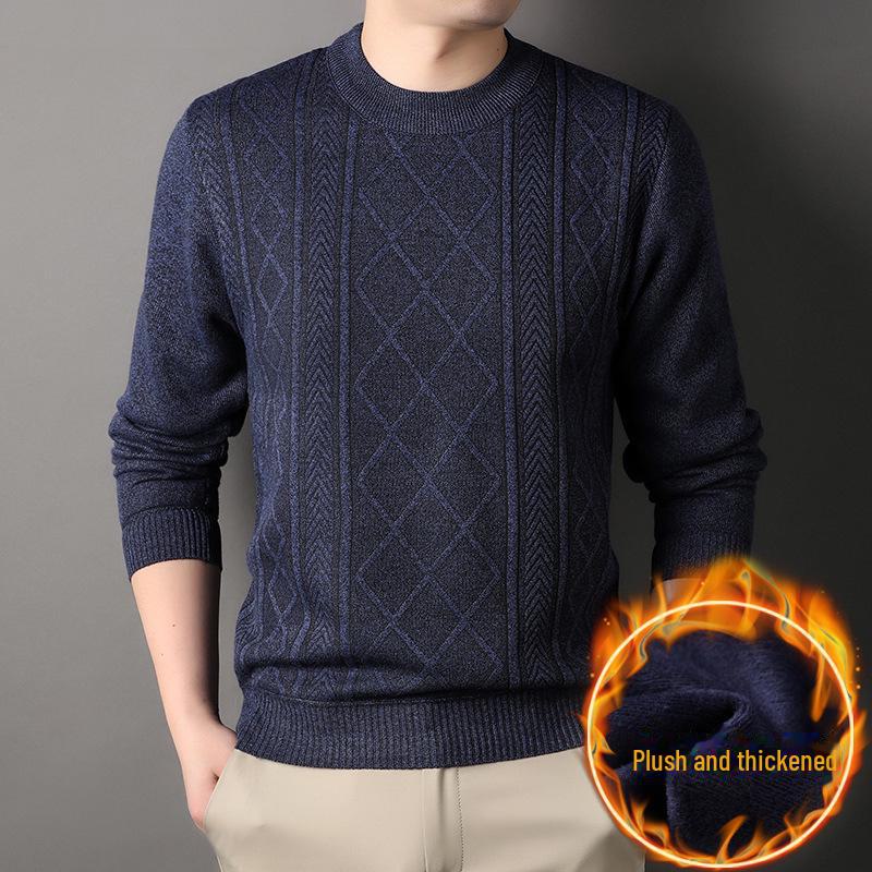 Men's Trendy Loose-Fit Round Neck Pullover Sweater, Autumn/Winter Plus Velvet Thickened Casual Wear