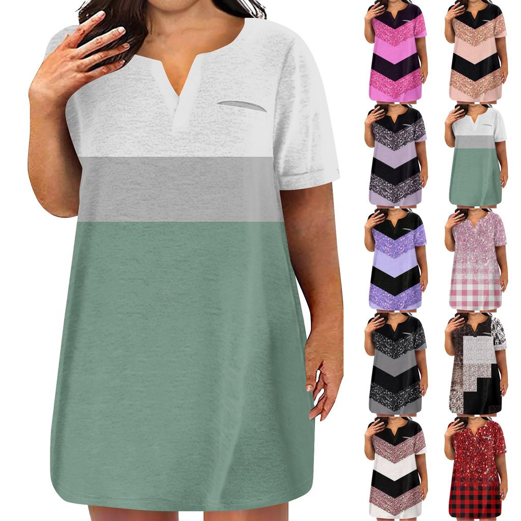 Womens Plus Size Dresses V Neck Short Sleeve Summer Casual Dress Tunic With Pocket
