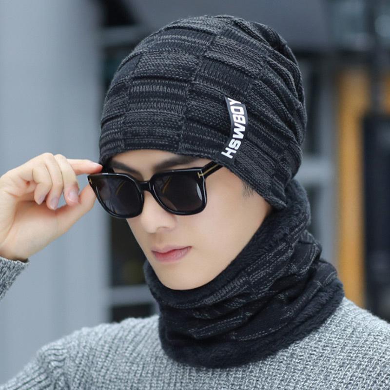 Men's Fleece Knitted Scarf Hat 2-piece Set Trendy Women's Warm Wool Hat Winter Student Cycling Cold