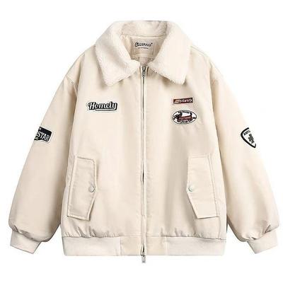 Женская вышитая бейсбольная куртка в стиле колор-блок - Американский стиль, Плоткий хлопок, Отложной воротник, Осень/Зима, Свободный крой, Теплая.