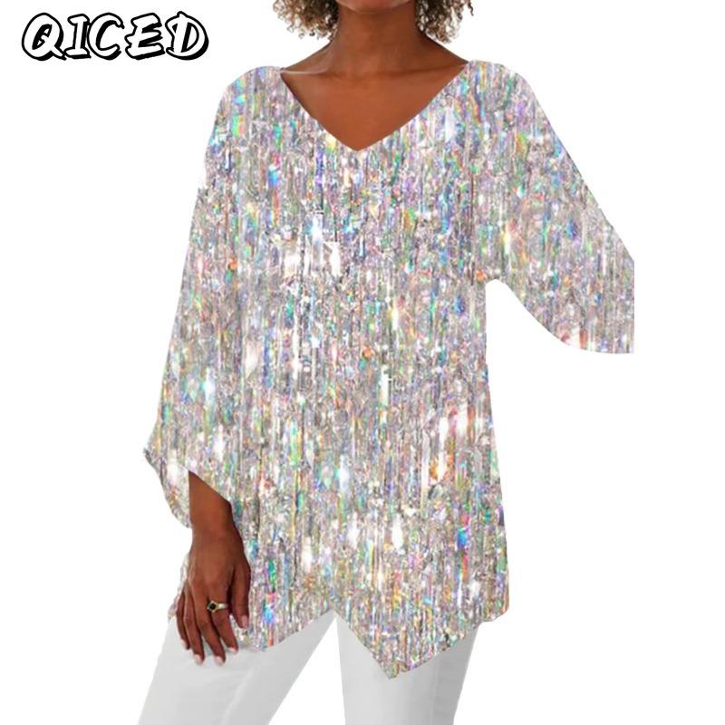QICED Women's Fashion Casual 3/4 Sleeves V Neck Blouses & Shirts