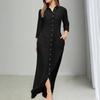 Women Dress Loose Pure Color Single-breasted Side Pockets Lapel V Neck Long Sleeves Split Hem Soft
