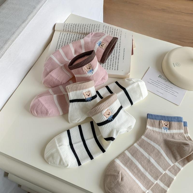 Женские короткие носки в полоску с цветными блоками, весенне-летние, сетчатые, дышащие, хлопковые носки без косточек с медведем, женские короткие носки