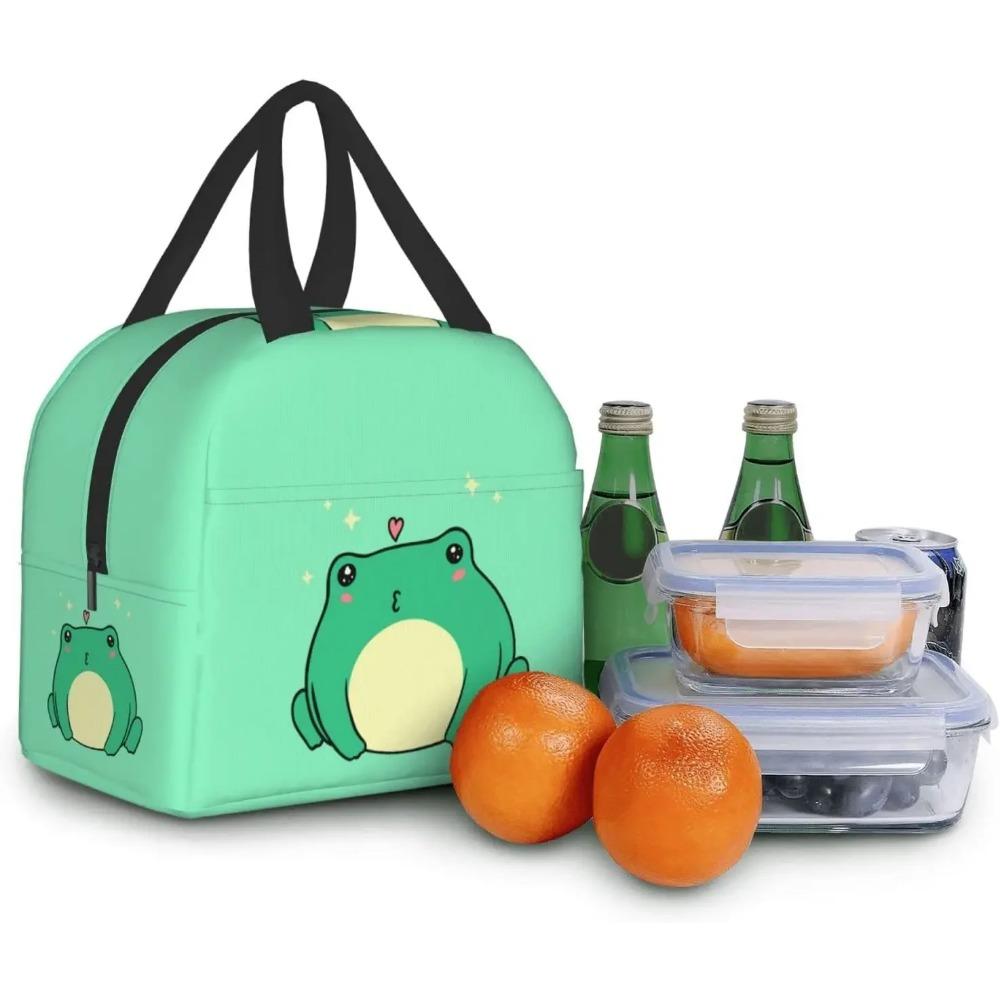 Kawaii Green Frog Lunch Bento Bag Insulated Lunch Box Reusable Waterproof Lunch Bag with Front Pocket for Travel Office Picnic