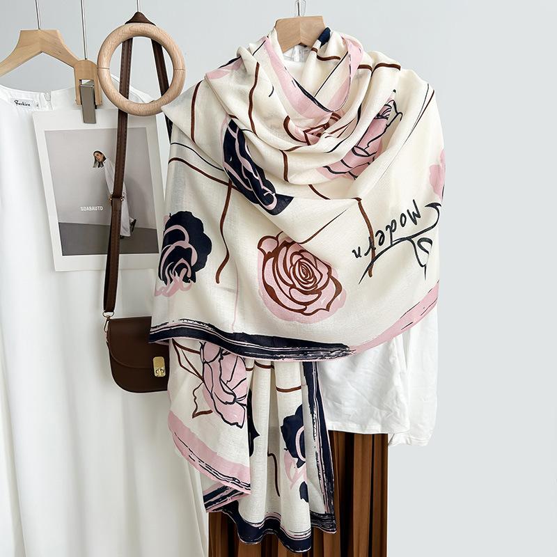 New Scarf Women Camellia Cotton and Linen Feel Scarf Summer Sun Protection Beach Towel Decorative Shawl