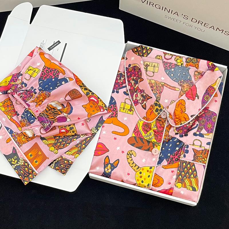 Летняя новая женская милая атласная шелковая пижама с цветочным принтом, короткий рукав + брюки, женская милая домашняя одежда, повседневная одежда