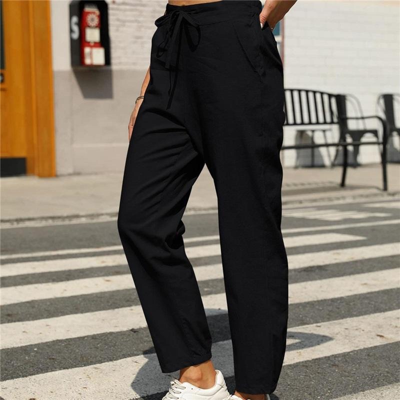 Casual Cotton Linen Drawstring Trousers For Women Comfortable Elastic Waist Long Pants Fashionable Lightweight Ladies Bottoms