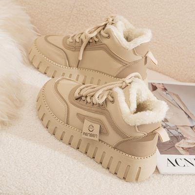 Женские зимние кроссовки с высоким верхом на флисовой подкладке 2024 - Толстая подошва, теплые, короткие зимние ботинки
