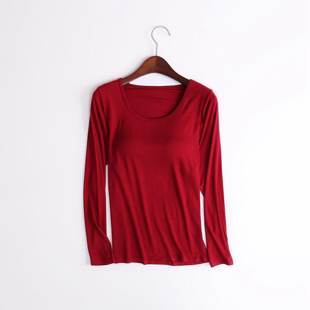 Женский однотонный топ с длинным рукавом и встроенной чашкой бюстгальтера – простой осенне-зимний стиль