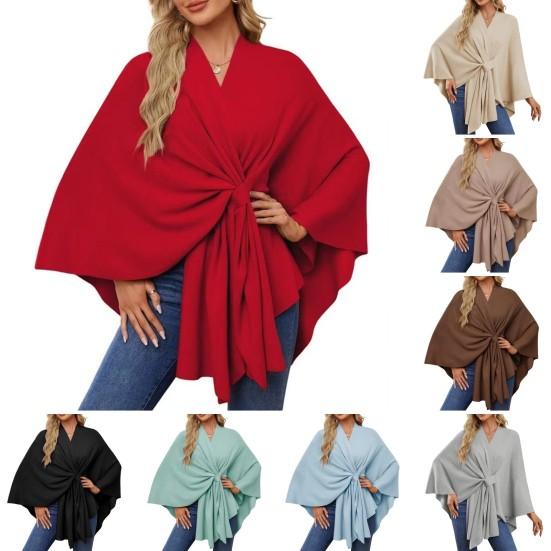 Women Shawl Coat V Neck Fall Winter Oversized Poncho Keep Warm Pure Color Windproof Open Front Shoulder Wraps with Bat Sleeves