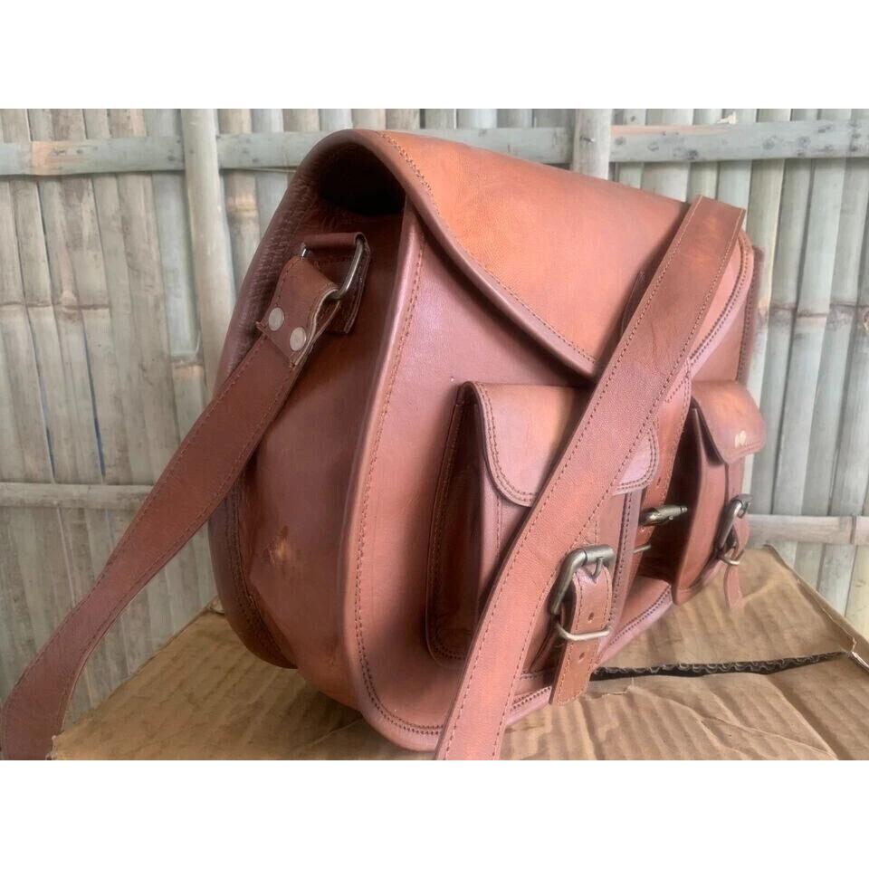 New Vintage Saddle Bag Genuine Goat Leather Brown Messenger Shoulder Big Capacity