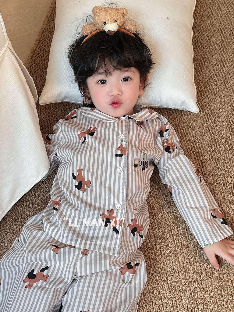 Весна 2025 Милый мультяшный пижамный комплект для детей – Отложной воротник, Детский дизайн, Брюки в комплекте