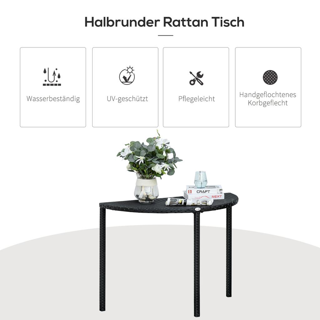 Balcony Table, Garden Side Table, Garden Furniture, Semicircular, Polyrattan, Metal, Black, 100 x 50 x 74 cm