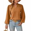 Spring and Autumn Women's V-Neck Pleated Woven Jacquard Long Sleeve Shirt