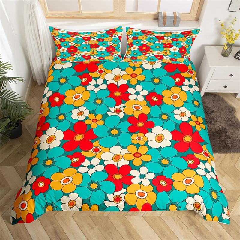 Retro 70s Hippie Style Duvet Cover Queen Microfiber Psychedelic Mushroom Bedding Set Room Decor Gifts Rainbow Floral Quilt Cover