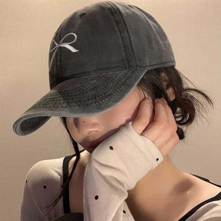 Korean-style vintage washed distressed bow baseball cap for women, new summer hat, gray American-style duckbill cap
