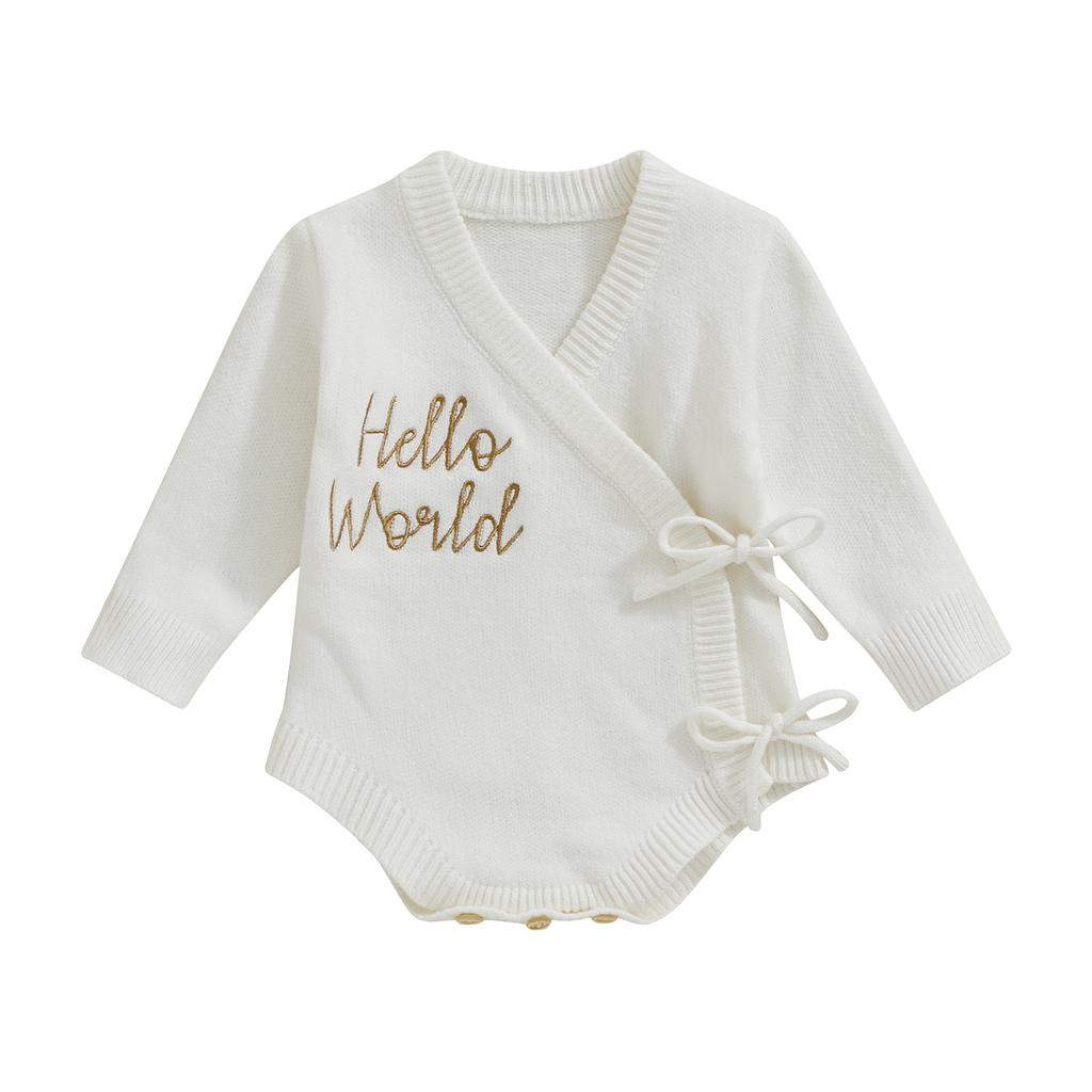Baby Girls Sweater Romper Letter Embroidery Tie Up Long Sleeve Jumpsuits for Newborn Infant Toddler Fashion Clothes