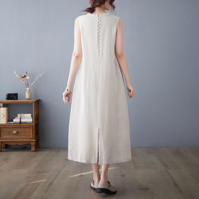 Summer Artistic Loose Solid Color Cotton Hemp Round Neck Sleeveless Dress for Women Medium To Long Casual Dresses