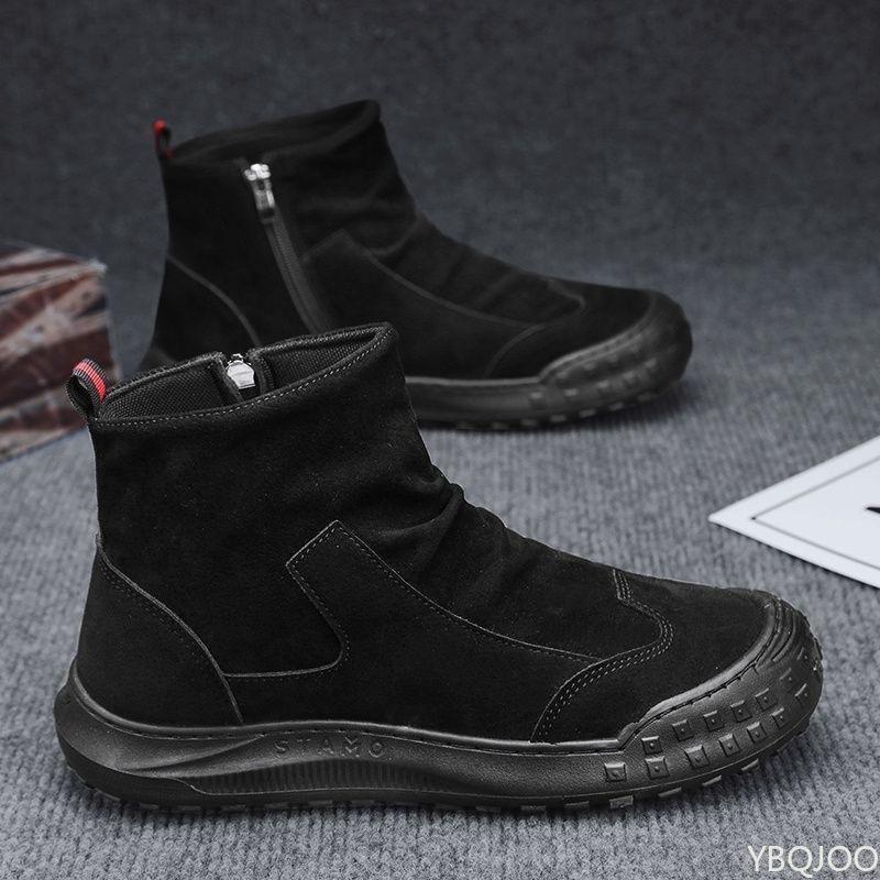 Осень Новые На молнии Плиссированные Нескользящие Комфортные Толстая подошва Износостойкие Модные Ботинки на плоской подошве Мужские ботинки Высокие Рабочая обувь