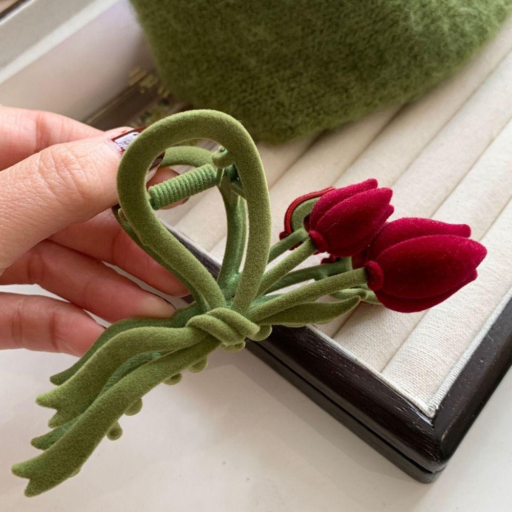 Clip Female Hair Accessories Red Velvet Hair Claw Korean Style Headwear Flocking Tulip Hair Clip