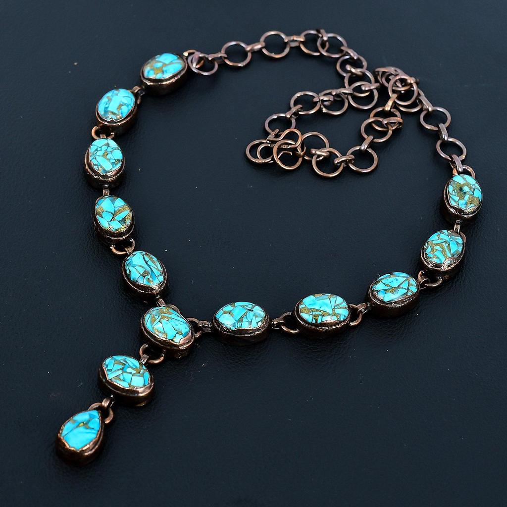 Blue Copper Turquoise Handmade Gemstone Necklace, Copper Electroformed Necklace Antique Jewelry, For Engagement Gift