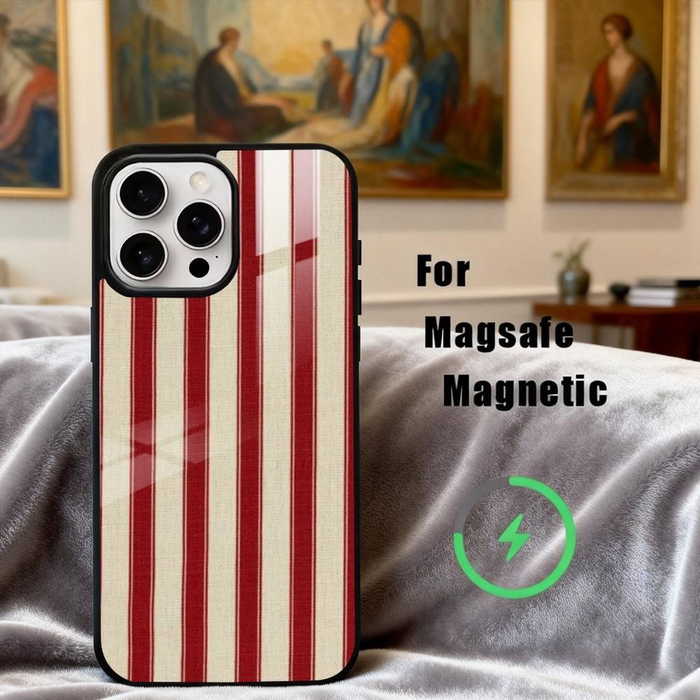 Чехол для телефона B-Бордовый W-Белая полоска Для iPhone17,16,15,14,13,12,11 Plus,Pro Max Магнитный Для Magsafe Беспроводная зарядка