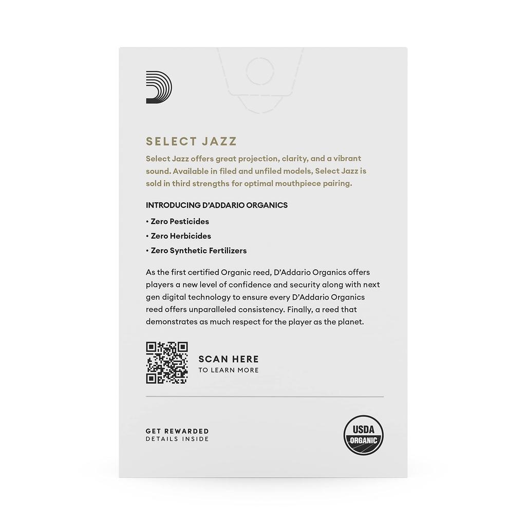 WoodWinds Select Jazz Field Трости для саксофона-альта USDA Organic ORSF10ASX3S D'Addario, Сертифицированные, [Жесткость 3S], Упаковка 10 шт.