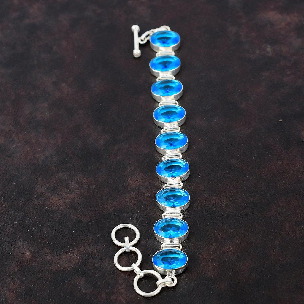 Граненый швейцарский браслет с синим топазом Браслет из драгоценного камня Браслет из стерлингового серебра 925 пробы Регулируемый браслет-цепочка Ювелирные изделия ручной работы Подарок для невесты