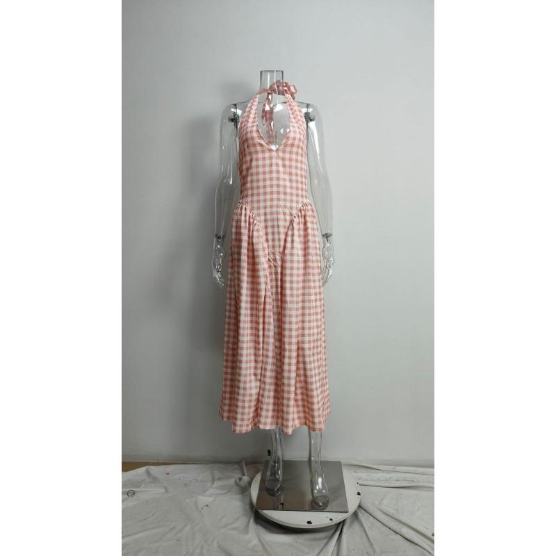 Women French Style Halter Neck Pleated Waist Cinching Long Dress