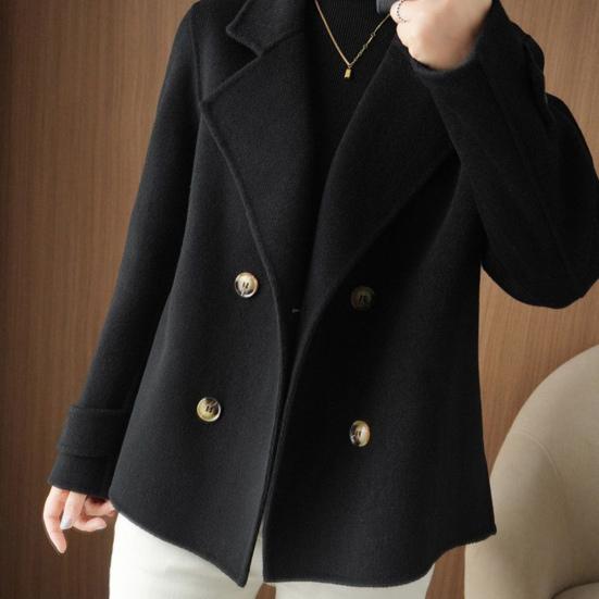 Women Fall Winter Woolen Coat Double-breasted Lapel Long Sleeve Loose Solid Color Thickened Warm Formal Business Style OL Commute Jacket