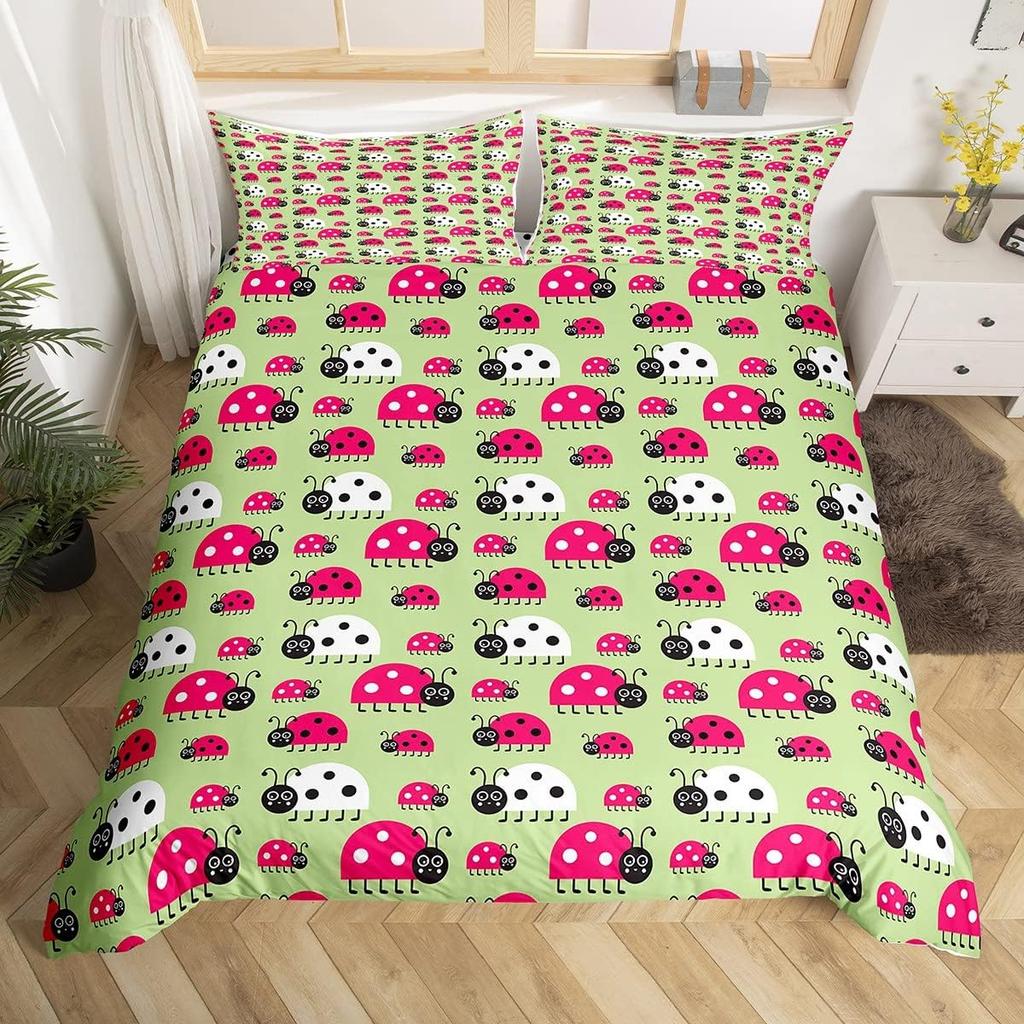 Cute Ladybug Duvet Cover Twin Queen Cartoon Animal Ladybird Insect Bedding Set Kawaii Wildlife Love Heart Print Comforter Cover