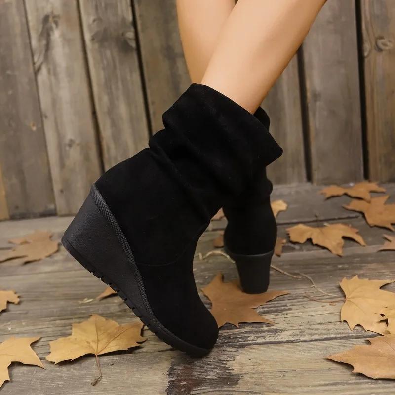 Fashion Large Wedge Heel Height Increasing Fashion Boots 2024 Autumn/winter Suede Round Toe European and American Style Women's Boots