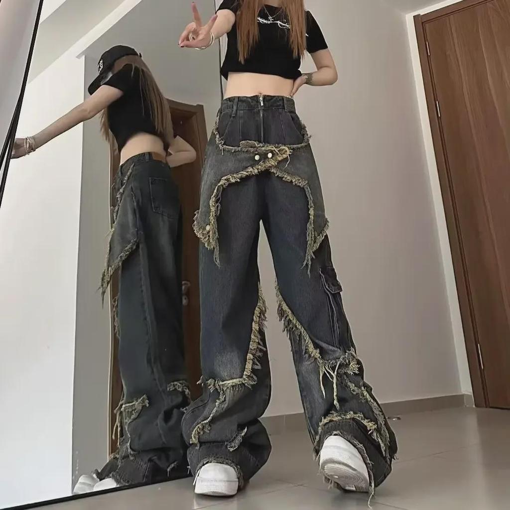 2023 High-Waisted Dark Retro Star Wide-Leg Jeans with Raw Edge and Loose Street Style