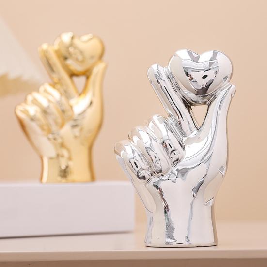 Жест любви Статуэтка одной руки Керамическая скульптура руки в форме сердца Золотисто-серебристое настольное украшение для гостиной, спальни, книжной полки, рабочего стола