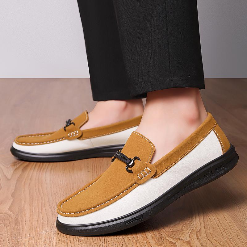 Fashionable Handmade Stitched Loafers Branded Urban Business Man Commuting Leather Shoes Mens Cowhide Suede Casual Leather Shoes
