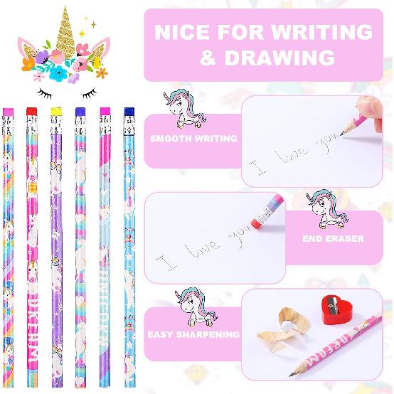 Rainbow HB Unicorns Pencils - Erasable Graphite Pencils with Erasers for Kids, Unicorn Party Favors (36 Pack)