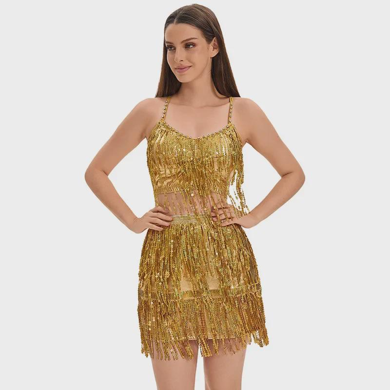 Sequined Tassel Latin Dance Dress for Women - Stage Performance Costume